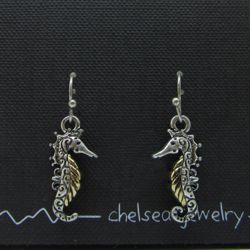 Pewter Two-tone Seahorse Dangle Earrings